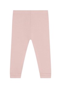Leggings rosa chiaro in morbido cotone, con vestibilità aderente, vita elastica e polsini rifiniti, privi di motivi o accessori visibili.