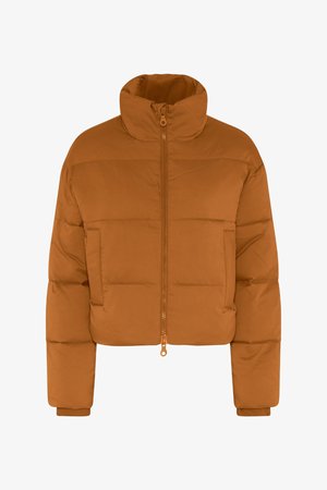 Sasmalcināts pūkains džakis siltā brūnā krāsā. Iezīmes augsts apkakle, priekšējā rāvējslēdzis un horizontāla šuve izolācijai. Gluda auduma tekstūra.