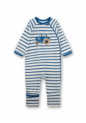 Tuta bianca per bebè con strisce orizzontali blu e grafica di un trattore blu sul petto, con maniche lunghe e chiusura a scatto.