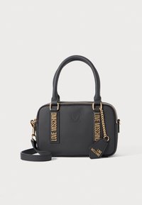 Black rectangular handbag with double handles, detachable strap, gold zippers, and "Love Moschino" tags and logo embossed on front.