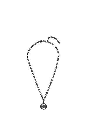 Black chain necklace with a round pendant featuring a cut-out bat symbol, and an adjustable clasp with a small tag.