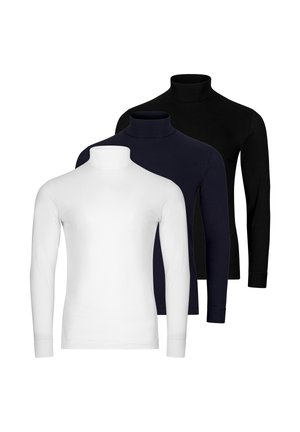 Tre magliette a maniche lunghe con collo alto, nei colori bianco, blu navy e nero, disposte una davanti all'altra su uno sfondo bianco.