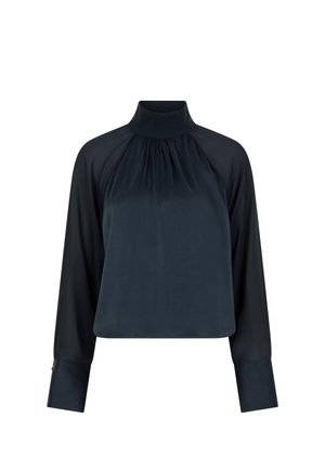 Navy blue blouse with a high neck, long sleeves, soft texture, and pleated detail at the front. Features tailored cuffs and a cropped design.