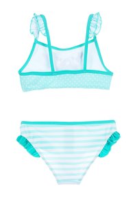 Turquoise bikini set featuring a polka dot patterned top with ruffled straps and striped bottoms with ruffled side accents.