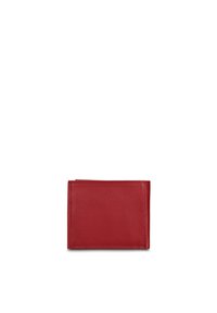Red leather wallet, rectangular shape, smooth texture, folded design with visible stitching, minimalistic without hardware or accents.