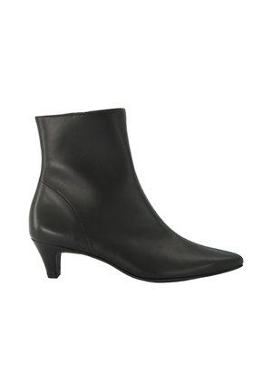 Black leather ankle boot with pointed toe and low kitten heel, shown in side profile on white background.