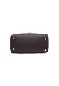 Borsa in cuoio marrone con texture, di forma rettangolare, con dettagli in metallo dorato e quattro borchie metalliche sulla base.