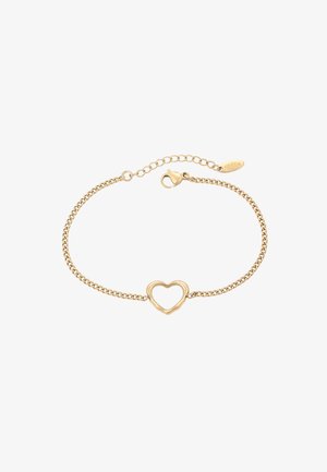 Gouden armband met een kettingontwerp en een hartvormige bedel in het midden. Voorzien van een karabijnsluiting en een verstelbare kettinglengte.