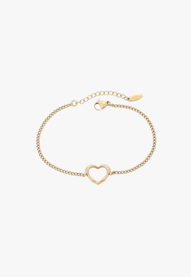 Náhrdelník ve zlaté barvě s řetízkovým designem a srdíčkovým přívěskem uprostřed. Obsahuje karabinkový zapínání a nastavitelné délky řetízku.