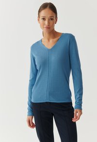Hellblaues langärmeliges Sweater mit V-Ausschnitt, glatter Textur, zwei vertikalen Nähten an der Vorderseite und taillierter Silhouette.