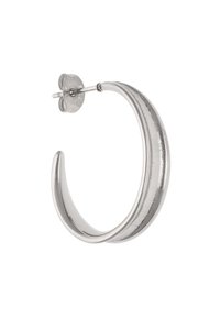 Stříbrná kruhová náušnice s hladkým, lesklým povrchem. Má jemný vlnitý design a bezpečné zapínání na šroubek. Průměr a šířka nejsou uvedeny.