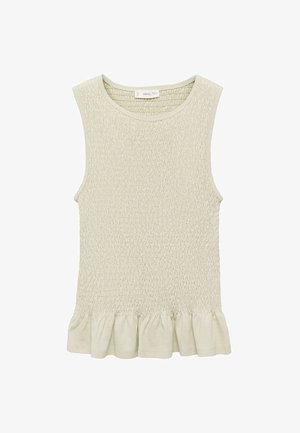 Lys grøn, ærmeløs top med en tekstureret, smocket design og en flæse i kanten. Lavet af et blødt stof, den har en rund halsudskæring.