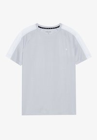 Hellgraues T-Shirt mit kurzen Ärmeln, ausgestattet mit einem gerippten Rundhalsausschnitt, seitlichen Einsätzen in einem etwas helleren Farbton und einem dezenten Logo auf der Brust.
