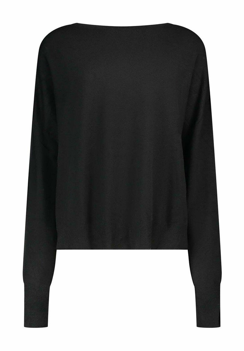 Maglione lungo nero a maniche lunghe in maglia con scollatura a barca e polsini aderenti, progettato per una vestibilità slim.