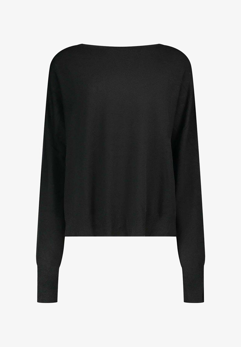 Maglione lungo nero a maniche lunghe in maglia con scollatura a barca e polsini aderenti, progettato per una vestibilità slim.