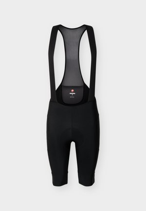 Zwarte fietsbroek met bretels, voorzien van een gevoerd zitvlak en ademende mesh schouderbanden, afgebeeld tegen een effen achtergrond.