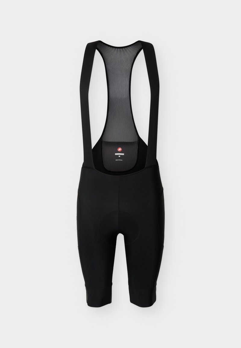 Pantaloni scurți negri de ciclism cu șezut căptușit și bretele din plasă respirabilă, expuși pe un fundal simplu.