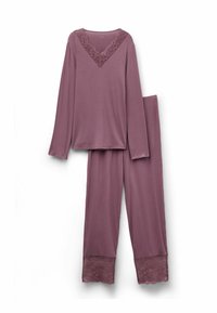 Dwuczęściowy zestaw piżamowy w kolorze mauve; bluzka z długim rękawem z koronkowym dekoltem w serek; spodnie z koronkowym wykończeniem na mankietach; miękka tkanina, luźny krój.