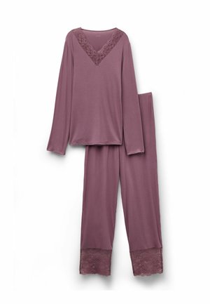 Ensemble de pyjama deux pièces en mauve ; haut à manches longues avec décolleté en V en dentelle ; pantalon avec bord en dentelle aux poignets ; tissu doux, coupe décontractée.