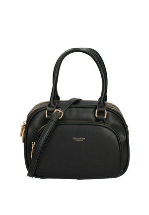 Borsa a tracolla nera in pelle con due manici superiori, una tracolla removibile, zip doppie e finiture in metallo dorato.