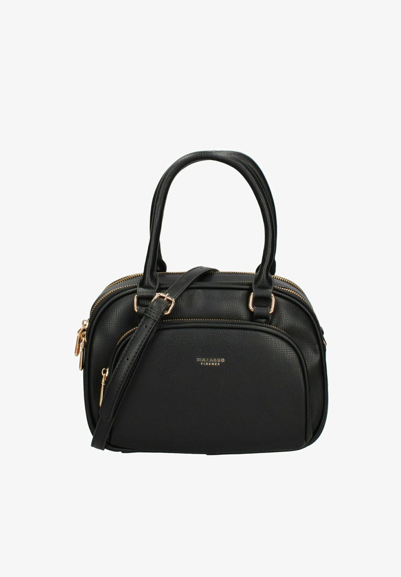 Zwarte leren handtas met twee bovenhandvaten, een afneembare schouderriem, dubbele ritssluitingen en details van goudkleurig metaal.