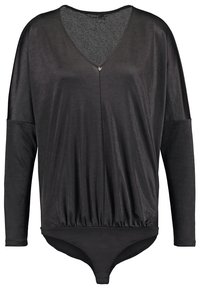 Black long-sleeve bodysuit with a V-neck, soft material, elasticized waist, and a smooth texture. Features a small decorative detail at the neckline.