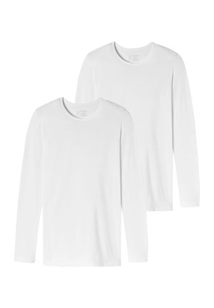 Two long-sleeve white t-shirts made of smooth fabric, featuring round necklines and a fitted design with no visible patterns or accents.