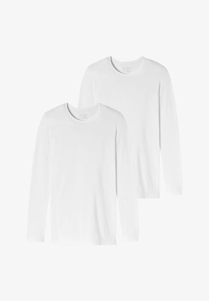 Two long-sleeve white t-shirts made of smooth fabric, featuring round necklines and a fitted design with no visible patterns or accents.