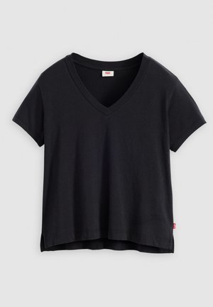 T-shirt noir à manches courtes avec un col en V, fabriqué en coton doux. Présente des fentes latérales et une petite étiquette logo à l'ourlet.