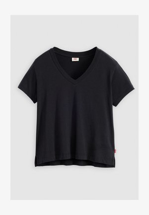 T-shirt noir à manches courtes avec un col en V, fabriqué en coton doux. Présente des fentes latérales et une petite étiquette logo à l'ourlet.