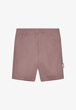 Kinder-Schwimmshorts in staubrosa mit elastischem Bund und kleinem Seitenschild, flach auf weißem Hintergrund gezeigt.