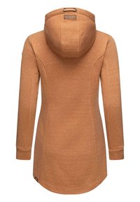 Long-sleeved, hooded coat in a warm, light brown fabric. Features a smooth texture with a slight heathered pattern and logo detail on the hood.