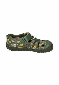 Green sandals featuring a patterned design with construction vehicles and traffic signs, adjustable strap, open toe, and textured rubber sole.