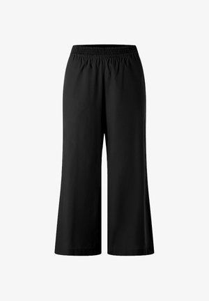 Zwarte wijde broek met een rekbare elastische tailleband, gemaakt van lichtgewicht stof, met een gladde textuur en zonder zichtbare patronen.