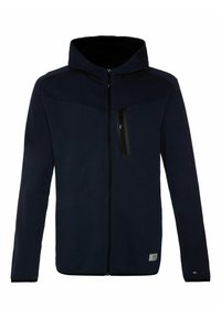 Veste zippée marine avec capuche, fabriquée en tissu lisse. Présente une poche poitrine avec une fermeture éclair et un design de panneau d'épaule contrastant.