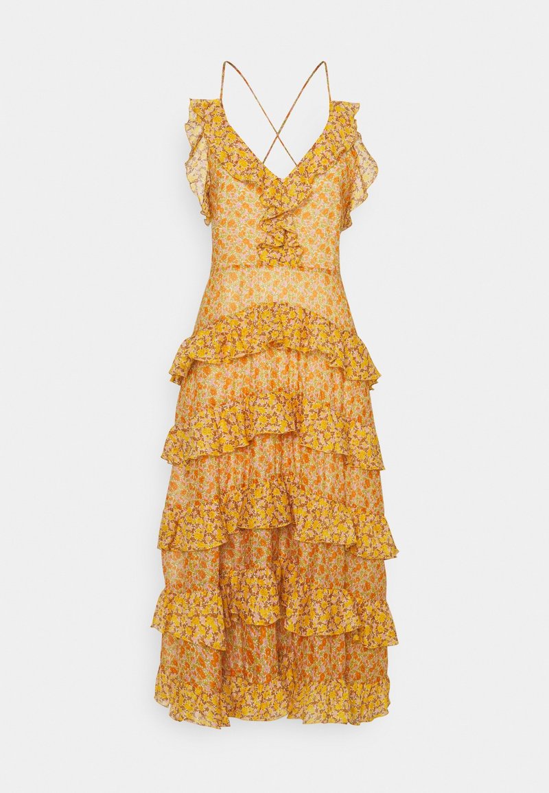 Robe midi jaune à fleurs avec couches volantées, décolleté en V, manches volantées et fines bretelles croisées dans le dos sur fond blanc.