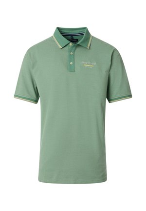 Hellgrünes Poloshirt aus Baumwolle, mit Kragen, zwei Knöpfen und kontrastierenden Akzenten in Gelb und Dunkelgrün. Besticktes Logo auf der Vorderseite.