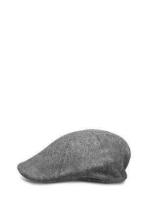 Graue Schiebermütze aus strukturiertem Stoff; verfügt über eine runde Krone, eine breite Krempe und gestickte Details entlang der Nähte.