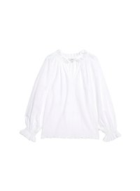 Blusa blanca con un dobladillo festoneado y mangas abullonadas. Cuenta con un escote con volantes y detalles bordados en toda la tela.