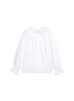 Blouse blanche avec un ourlet festonné et des manches bouffantes. Dotée d'un col froncé et de détails brodés sur tout le tissu.