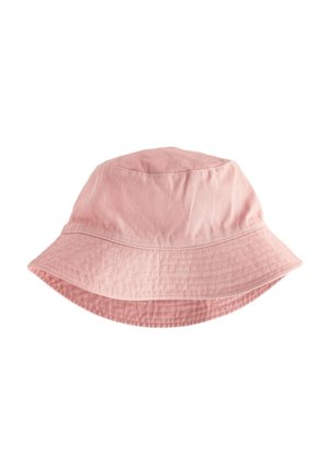 Vaaleanpunainen puuvillainen ämpärilippis, leveällä ommellulla reunuksella ja yksinkertaisella designilla, esillä valkoisella taustalla.