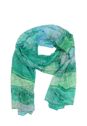 Sciarpa leggera in tonalità di verde e blu, con un design testurizzato caratterizzato da motivi a pennellate sovrapposte. Tessuto morbido e fluido.