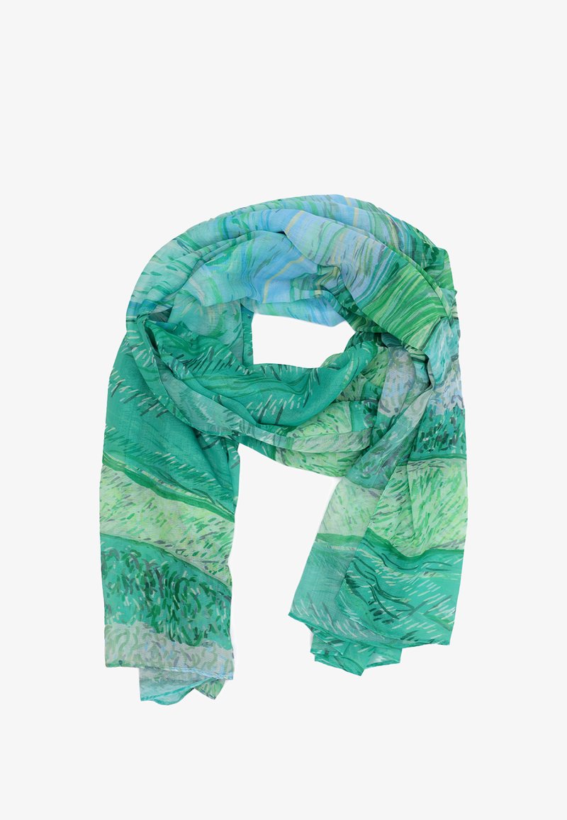 Sciarpa leggera in tonalità di verde e blu, con un design testurizzato caratterizzato da motivi a pennellate sovrapposte. Tessuto morbido e fluido.