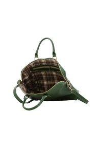 Sac à main en cuir vert avec fermeture éclair dorée, doté d'un intérieur en tissu à carreaux et de multiples poches pour une meilleure organisation. Deux poignées robustes incluses.