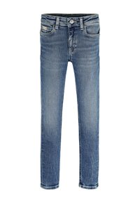 Jeans de denim azul claro con un corte slim, que cuentan con cinco bolsillos, un cierre frontal de botón y cremallera, y un desvanecimiento sutil a lo largo de los muslos.