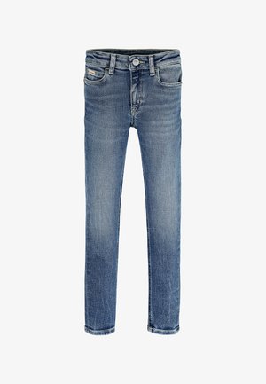 Ανοιχτό μπλε τζιν παντελόνι με εφαρμογή slim fit, που διαθέτει πέντε τσέπες, κλείσιμο μπροστά με κουμπί και φερμουάρ, καθώς και διακριτική εξασθένιση κατά μήκος των μηρών.