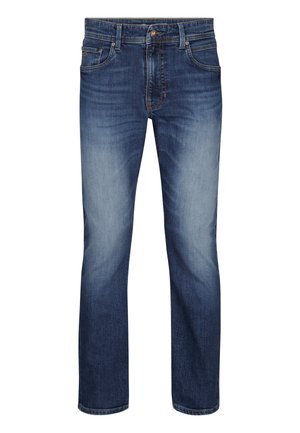 Miesten suorat siniset farkut, joissa haalistuneet etureidet, etutaskut, vyölenkit ja napillinen kiinnitys.