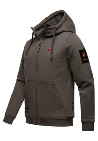 Harmaa vetoketjuhuppari, jossa on naruolka, etutaskut, logo rinnassa ja brodeerattu paikka hihassa.