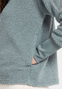 Fleece pullover in lichtblauw, met een zachte, pluche structuur. Heeft een buidelzak en aansluitende mouwen in een contrasterende stof.