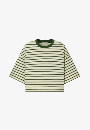 Crème cropped T-shirt met brede mouwen, donkergroene horizontale strepen en een donkergroene geribbelde ronde hals.